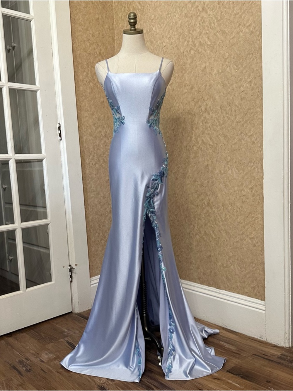 FAVIANA Light Blue Satin Floral Leaf Beaded Sequin Lace Up Back Prom Dress